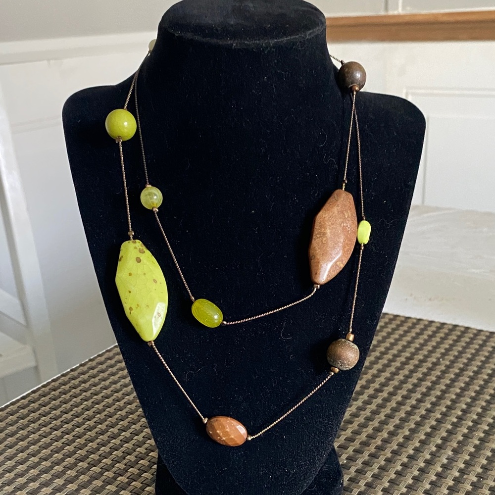Green and Brown Multi-Bead Long Necklace - Women's Fashion Jewelry